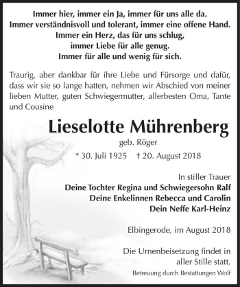 Traueranzeige von Lieselotte Mührenberg (geb. Röger)  von Magdeburger Volksstimme