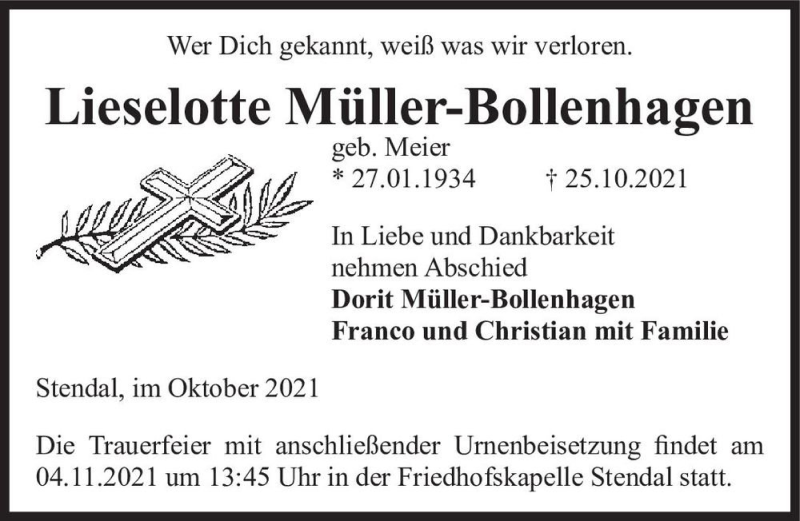  Traueranzeige für Lieselotte Müller-Bollenhagen (geb. Meier)  vom 30.10.2021 aus Magdeburger Volksstimme