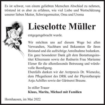 Traueranzeige von Lieselotte Müller  von Magdeburger Volksstimme