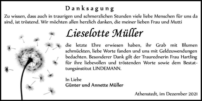  Traueranzeige für Lieselotte Müller  vom 31.12.2021 aus Magdeburger Volksstimme