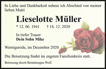Traueranzeige von Lieselotte Müller  von Magdeburger Volksstimme