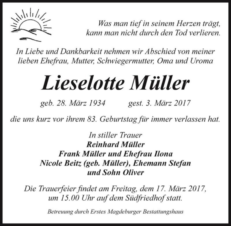 Traueranzeige für Lieselotte Müller  vom 11.03.2017 aus Magdeburger Volksstimme