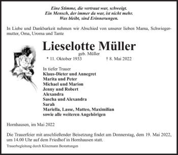 Traueranzeige von Lieselotte Müller (geb. Müller)  von Magdeburger Volksstimme
