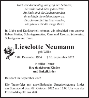 Traueranzeige von Lieselotte Neumann (geb. Wilke)  von Magdeburger Volksstimme