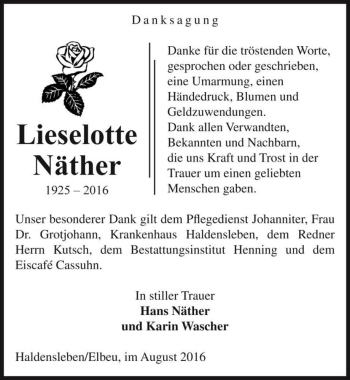 Traueranzeige von Lieselotte Näther  von Magdeburger Volksstimme