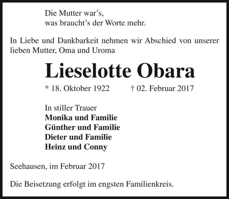  Traueranzeige für Lieselotte Obara  vom 04.02.2017 aus Magdeburger Volksstimme