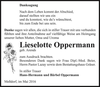 Traueranzeige von Lieselotte Oppermann (geb. Arends)  von Magdeburger Volksstimme