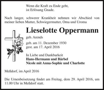 Traueranzeige von Lieselotte Oppermann (geb. Arends)  von Magdeburger Volksstimme