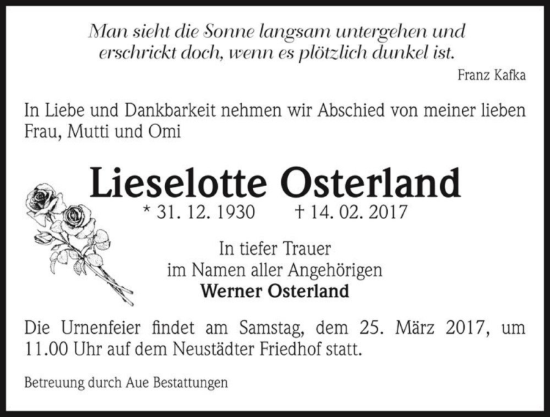  Traueranzeige für Lieselotte Osterland  vom 18.03.2017 aus Magdeburger Volksstimme