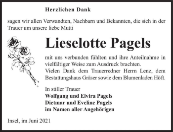 Traueranzeige von Lieselotte Pagels  von Magdeburger Volksstimme