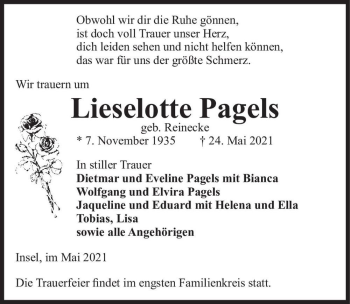 Traueranzeige von Lieselotte Pagels (geb. Reinecke)  von Magdeburger Volksstimme