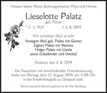 Traueranzeige von Lieselotte Palatz (geb. Peters)  von Magdeburger Volksstimme