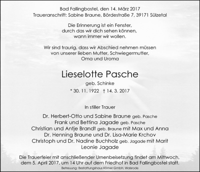  Traueranzeige für Lieselotte Pasche (geb. Schinke)  vom 18.03.2017 aus Magdeburger Volksstimme