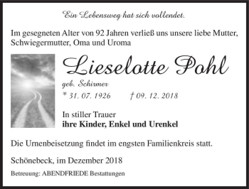 Traueranzeige von Lieselotte Pohl (geb. Schirmer)  von Magdeburger Volksstimme