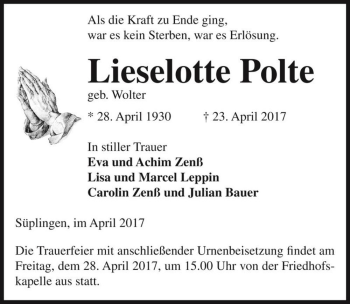 Traueranzeige von Lieselotte Polte (geb. Wolter)  von Magdeburger Volksstimme