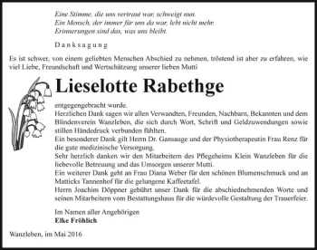 Traueranzeige von Lieselotte Rabethge  von Magdeburger Volksstimme
