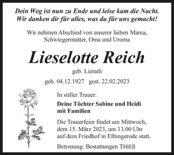 Traueranzeige von Lieselotte Reich (geb. Lierath)  von Magdeburger Volksstimme