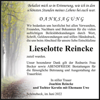Traueranzeige von Lieselotte Reincke  von Magdeburger Volksstimme
