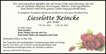 Traueranzeige von Lieselotte Reincke (geb. Wilke)  von Magdeburger Volksstimme