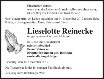 Traueranzeige von Lieselotte Reinecke  von Magdeburger Volksstimme