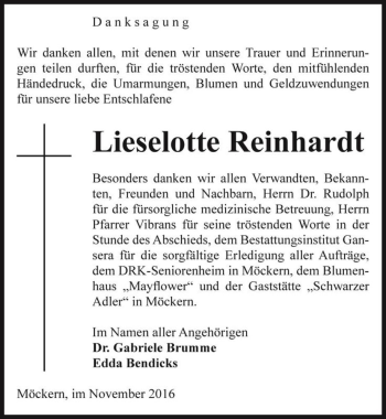 Traueranzeige von Lieselotte Reinhardt  von Magdeburger Volksstimme