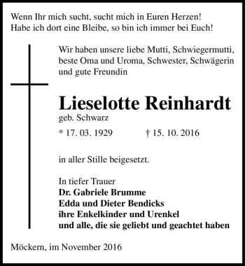 Traueranzeige von Lieselotte Reinhardt (geb. Schwarz)  von Magdeburger Volksstimme