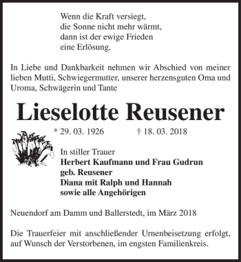 Traueranzeige von Lieselotte Reusener  von Magdeburger Volksstimme