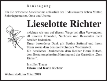 Traueranzeige von Lieselotte Richter  von Magdeburger Volksstimme