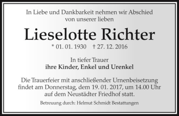 Traueranzeige von Lieselotte Richter  von Magdeburger Volksstimme