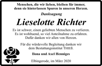 Traueranzeige von Lieselotte Richter  von Magdeburger Volksstimme