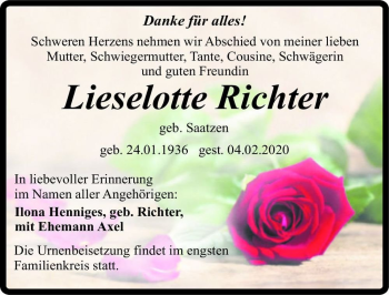 Traueranzeige von Lieselotte Richter (geb. Saatzen)  von Magdeburger Volksstimme
