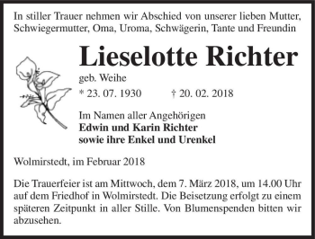 Traueranzeige von Lieselotte Richter (geb. Weihe)  von Magdeburger Volksstimme