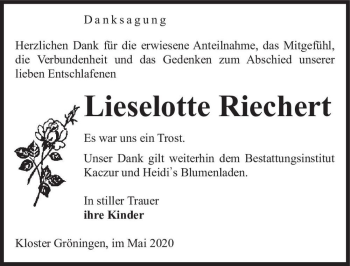 Traueranzeige von Lieselotte Riechert  von Magdeburger Volksstimme