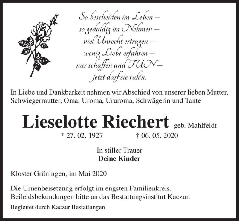  Traueranzeige für Lieselotte Riechert (geb. Mahlfeldt)  vom 19.05.2020 aus Magdeburger Volksstimme
