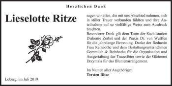 Traueranzeige von Lieselotte Ritze  von Magdeburger Volksstimme