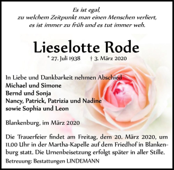 Traueranzeige von Lieselotte Rode  von Magdeburger Volksstimme