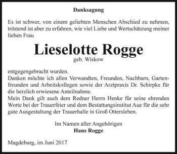 Traueranzeige von Lieselotte Rogge (geb. Wiskow)  von Magdeburger Volksstimme