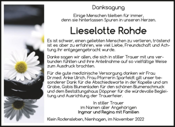 Traueranzeige von Lieselotte Rohde  von Magdeburger Volksstimme