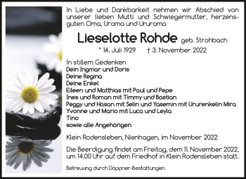 Traueranzeige von Lieselotte Rohde (geb. Strohbach)  von Magdeburger Volksstimme