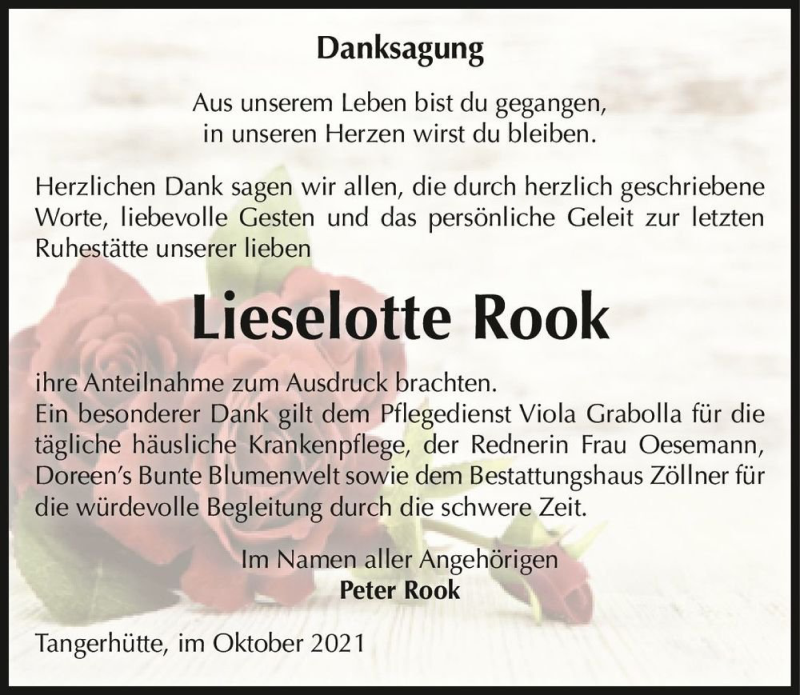  Traueranzeige für Lieselotte Rook  vom 09.10.2021 aus Magdeburger Volksstimme