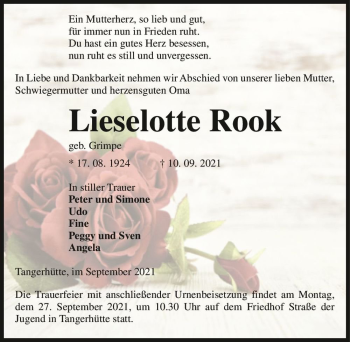 Traueranzeige von Lieselotte Rook (geb. Grimpe)  von Magdeburger Volksstimme