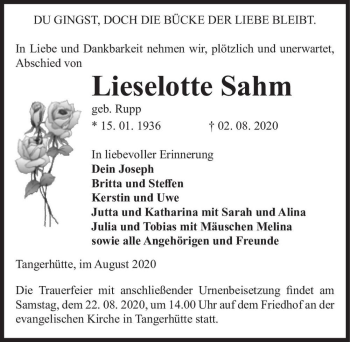 Traueranzeige von Lieselotte Sahm (geb. Rupp)  von Magdeburger Volksstimme