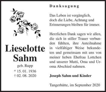 Traueranzeige von Lieselotte Sahm (geb. Rupp)  von Magdeburger Volksstimme