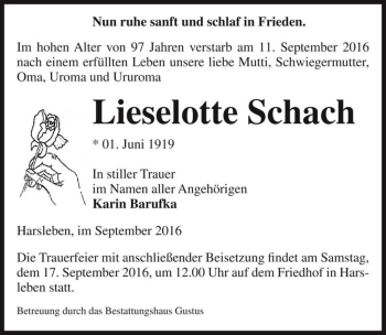 Traueranzeige von Lieselotte Schach  von Magdeburger Volksstimme