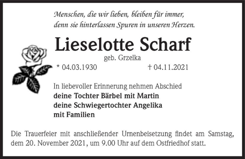  Traueranzeige für Lieselotte Scharf (geb. Grzelka)  vom 13.11.2021 aus Magdeburger Volksstimme