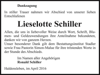 Traueranzeige von Lieselotte Schiller  von Magdeburger Volksstimme