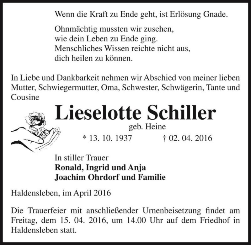  Traueranzeige für Lieselotte Schiller (geb. Heine)  vom 09.04.2016 aus Magdeburger Volksstimme
