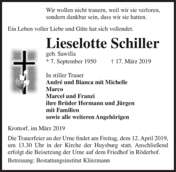 Traueranzeige von Lieselotte Schiller (geb. Sawilla)  von Magdeburger Volksstimme