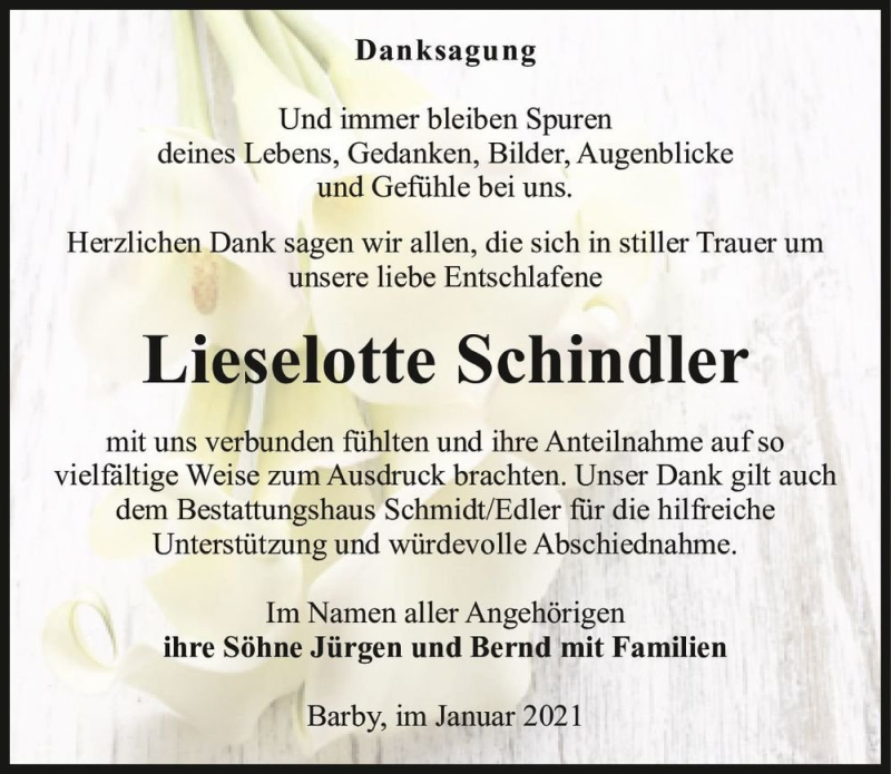  Traueranzeige für Lieselotte Schindler  vom 23.01.2021 aus Magdeburger Volksstimme
