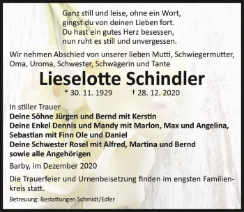 Traueranzeige von Lieselotte Schindler  von Magdeburger Volksstimme